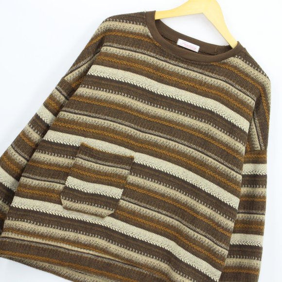 Vintage Fashion Sweater Women's Brown Knit Pullover Oversized Pocket Striped 2XL - Picture 3 of 7